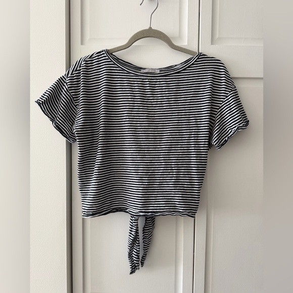 Zara Navy & White Striped Tie Back Crop Top Size S | Open Back Cotton Tee - Picture 2 of 8